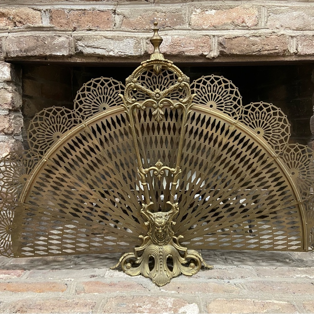 SOLD Antique Brass Folding Peacock Fireplace Fan